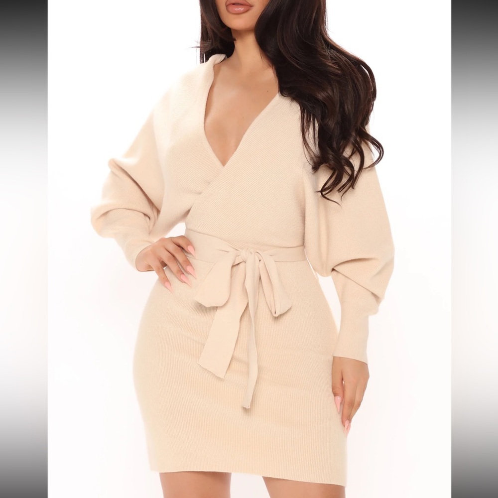 Fashion Nova Wrap Sweater Mini Dress in Cream
